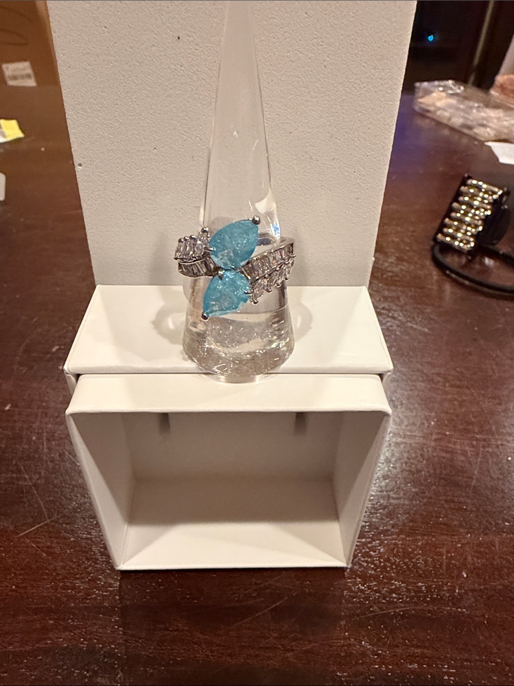 Aqua Blue Ice Crystal on Rhodium Band